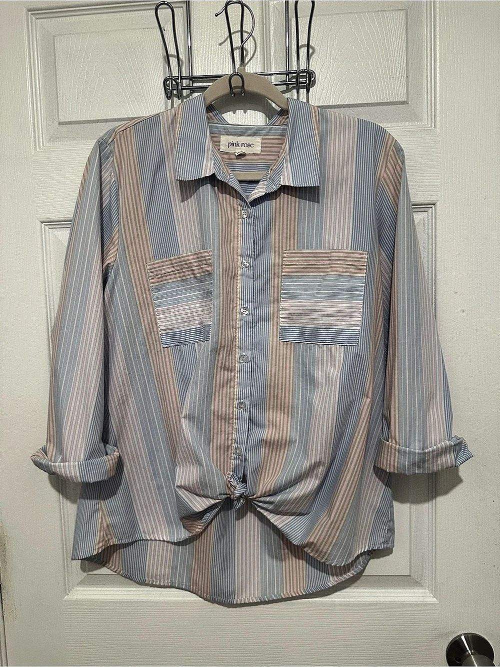 Pink Rose Striped Button Down Shirt in Blue & Pink Like New
